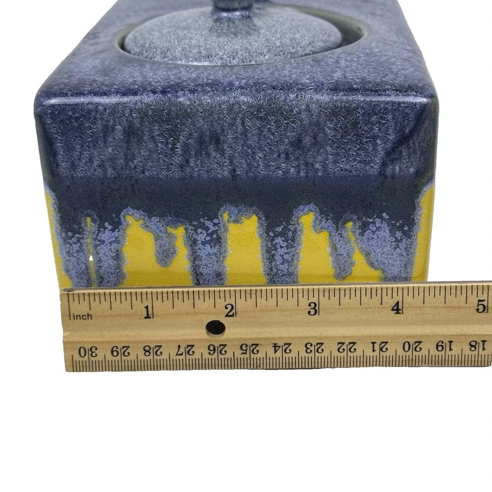 Ceramic Vanity Organizer Sink Caddy Lidded Jars Blue Drip Glaze on Yellow